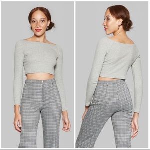 WILD FABLE | RIBBED CROPPED GRAY OFF THE SHOULDER UNFINISHED HEM LONG SLEEVE